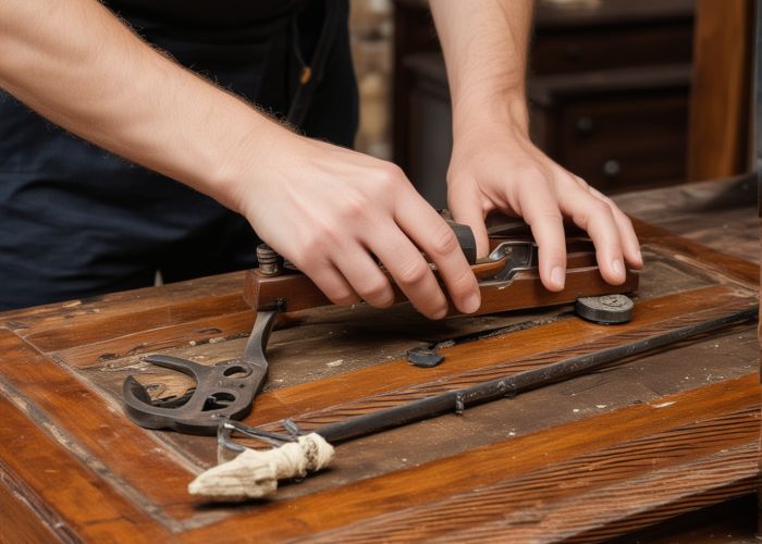 Antique furniture authentication process showing detailed examination of vintage wooden pieces and traditional tools