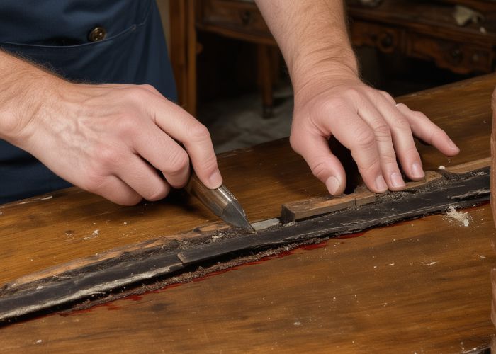 Careful antique furniture restoration showing traditional hand tools and restoration techniques on vintage wooden pieces