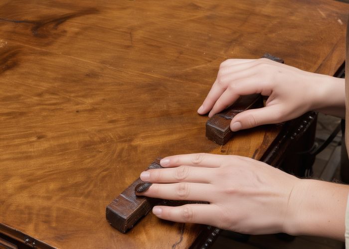 Traditional furniture finishing process showing hand application of stains and protective coatings on antique wooden pieces