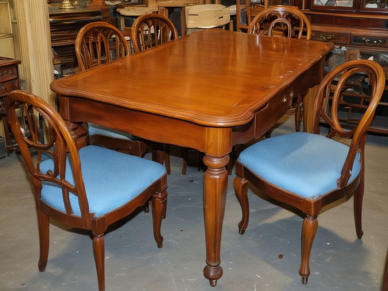Collection of vintage antique wooden furniture including chairs, tables, and cabinets requiring professional restoration