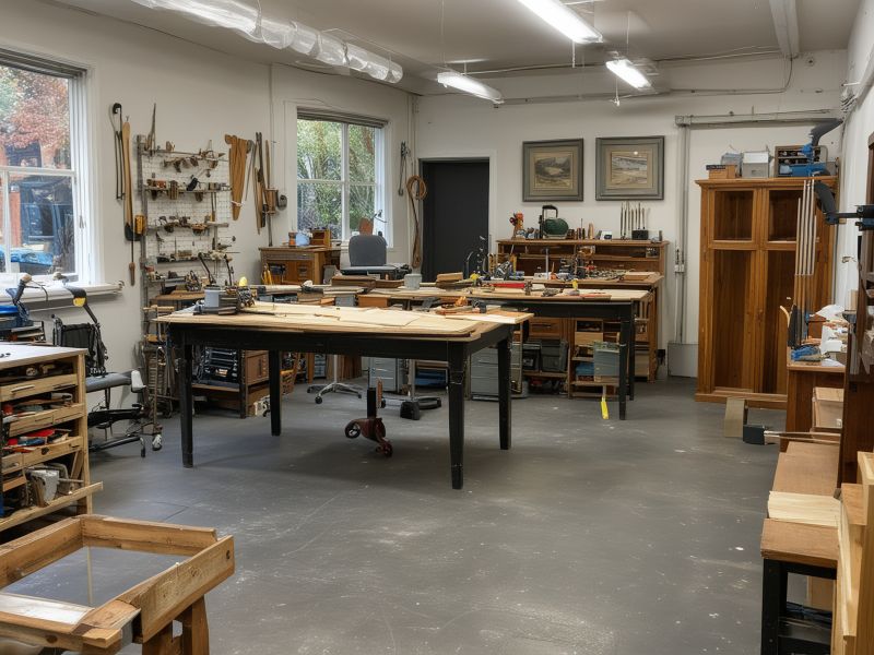 Professional furniture restoration workshop showing organized workspace with tools and equipment for client consultation