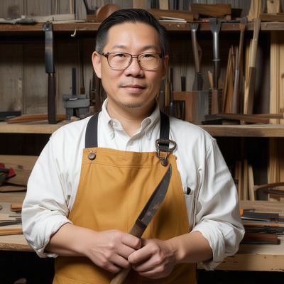Master craftsman Michael Chen, founder of A Furniture Rehabilitation, in workshop attire holding restoration tools