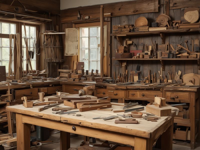 Traditional woodworking workshop showing handcrafted tools, measuring instruments, and wood samples used in furniture restoration