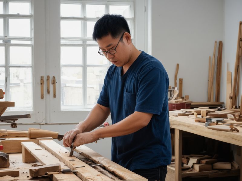 Founder Michael Chen working in the furniture restoration workshop with traditional hand tools and wood pieces
