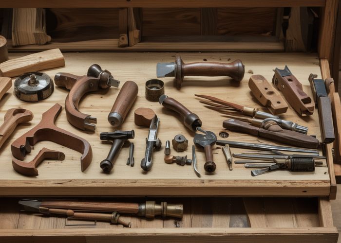 Close-up of traditional woodworking tools arranged on workshop bench showing the craftsmanship tools used in furniture restoration