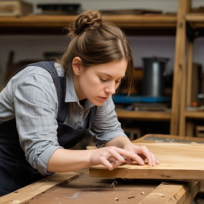 Skilled furniture restoration technician Sarah Thompson examining damaged wooden furniture piece in workshop