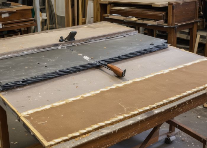 Careful furniture preparation and protection in workshop showing furniture pieces being prepared for restoration process