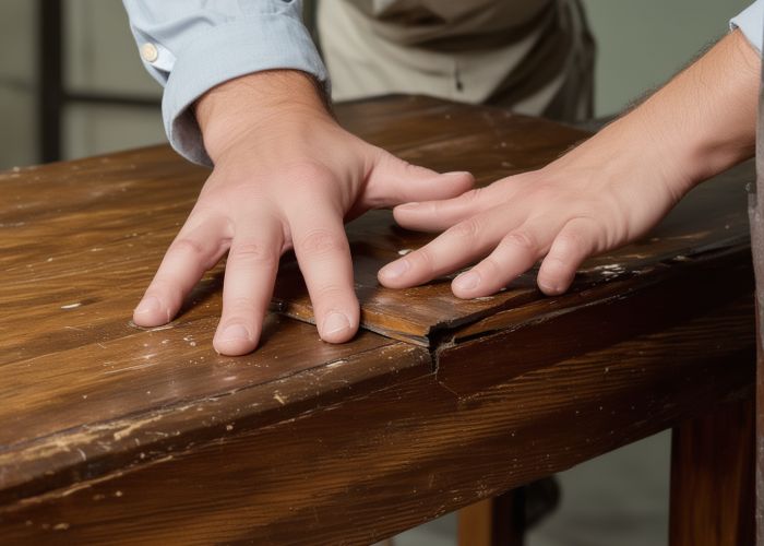 Professional furniture restoration work showing hands carefully working on surface preparation and restoration techniques