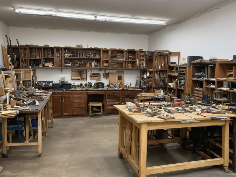 Professional furniture restoration workshop showing organized tools and workspace for client consultation and assessment