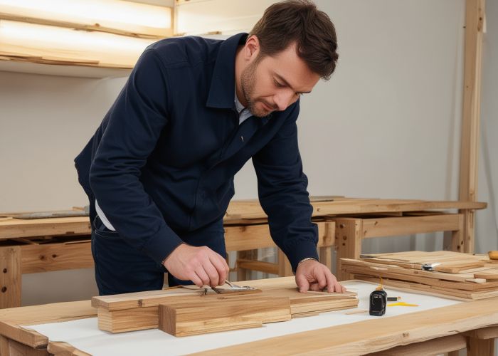 Initial furniture assessment showing professional examination of wooden furniture piece with measuring tools and documentation
