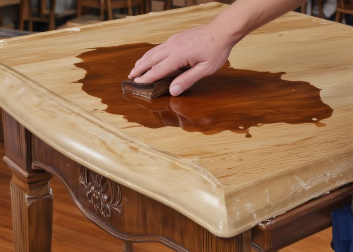 Professional finishing process showing stain application and protective coating techniques for furniture restoration