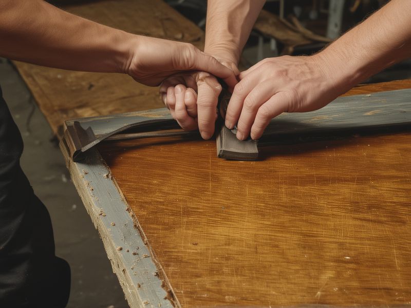 Professional furniture restoration specialist working on detailed wood surface preparation and restoration process