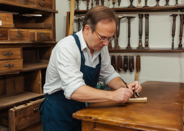Furniture restoration expert conducting detailed assessment and examination of wooden furniture piece in workshop