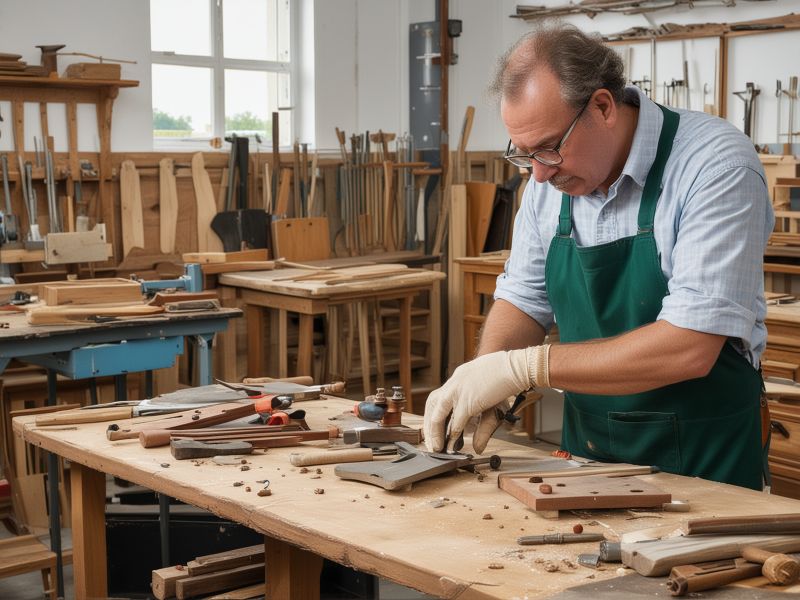 Professional furniture restoration workshop with traditional tools and equipment