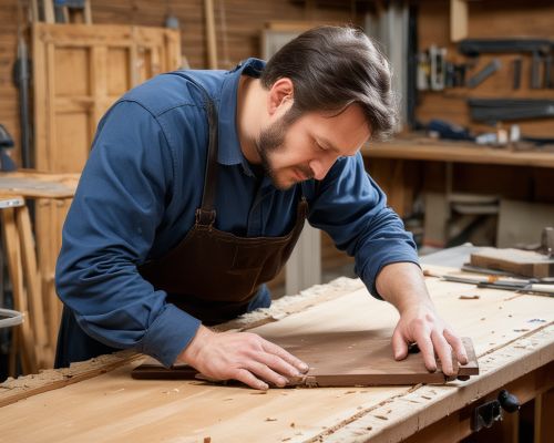Professional furniture restorer at work on a wooden piece in the workshop