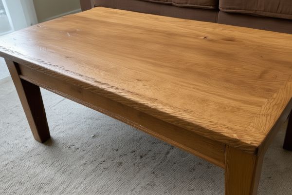 Modern oak coffee table restoration showing water damage repair and professional refinishing