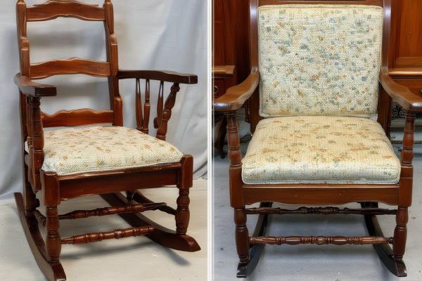 Traditional rocking chair restoration showing repair of cracked runners and professional reupholstery of seat
