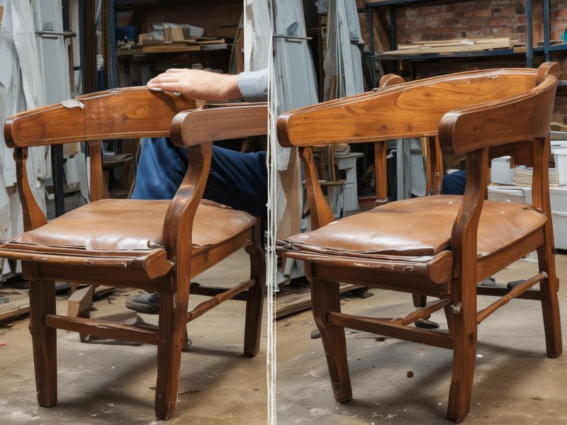 Step-by-step restoration process showing damaged furniture piece being carefully restored in professional workshop