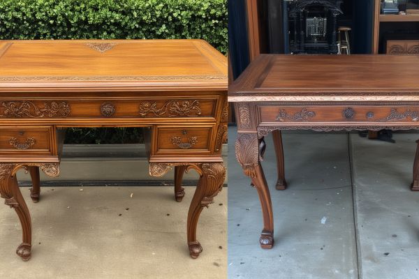 Victorian era writing desk restoration showing intricate carved details and ornate hardware before and after