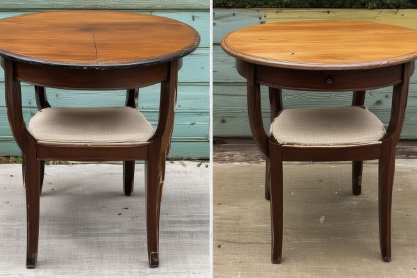Before and after restoration of antique dining table and chairs showing transformation from worn to beautifully restored