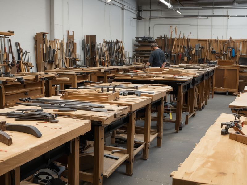 Professional furniture restoration workshop showing various woodworking tools and equipment used in restoration process