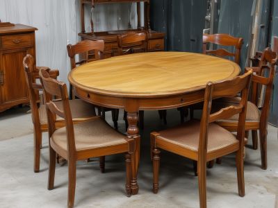 Vintage antique wooden furniture including dining chairs and tables requiring professional restoration and preservation