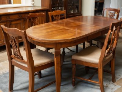 Wooden dining furniture pieces showing wear and damage requiring professional refinishing and reupholstery services